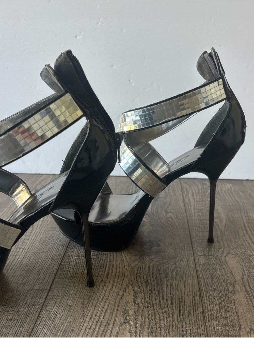 Ellie Black Patent Platform Stiletto Sandals with Silver Mosaic Straps - Picture 7 of 14